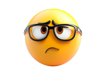Emoji with glasses shows a thoughtful expression, reflecting on a complicated situation or idea isolated on transparent background