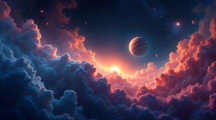 Epic space scene: clouds, planet, glowing sun. Dreamy, celestial vista. Ideal for fantasy, sci-fi, and inspirational themes.