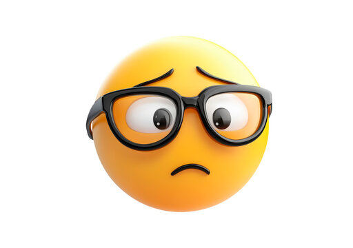 Emoji with glasses shows a thoughtful expression, reflecting on a complicated situation or idea isolated on transparent background