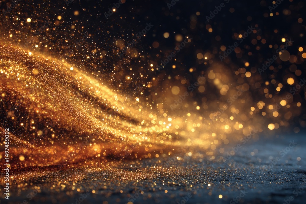 Poster golden particles swirl elegantly against a dark background, creating a dynamic and mesmerizing visua