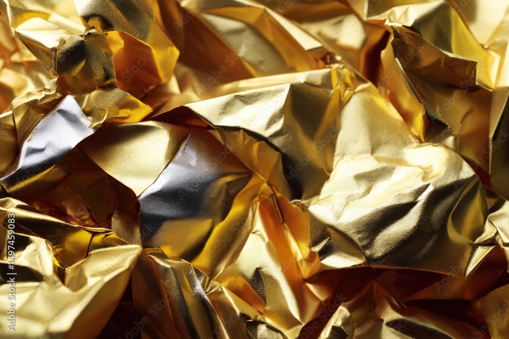 Poster crumpled gold foil texture creating a shimmering and reflective surface in bright light