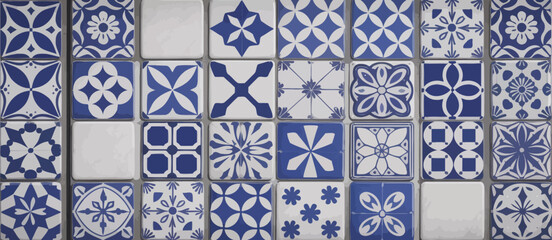 Blue and White Patterned Tiles Background Texture