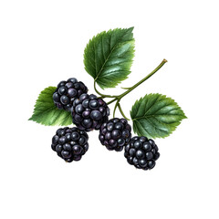 Fototapeta premium Ripe black blackberry berries on a branch, blackberry harvest, isolate on transparent background