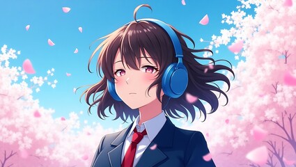 Anime-style digital illustration of a young person with wavy brown hair, wearing blue headphones, dark blue blazer, and red tie, set against a serene cherry blossom background.