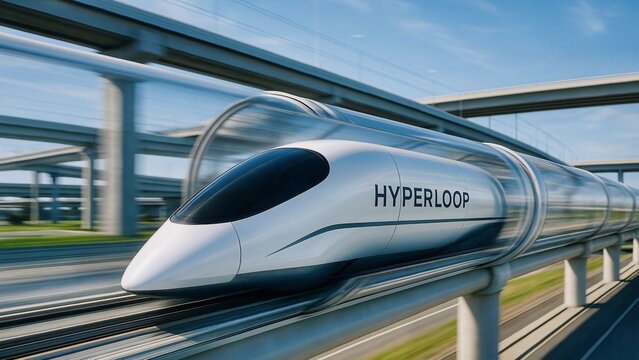 Futuristic hyperloop train moving at high speed inside a transparent tube, showcasing innovative transportation technology and speed against a backdrop of highway overpasses and a clear blue sky