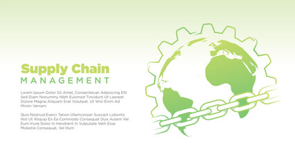 supply chain management concept. world map globe with gears and chain for global supply chain concept. clean coorporate screen size for print, presentation or web template vector illustration