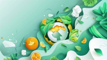 Paper Craft Illustration of Recycling Symbol with Oranges and Leaves