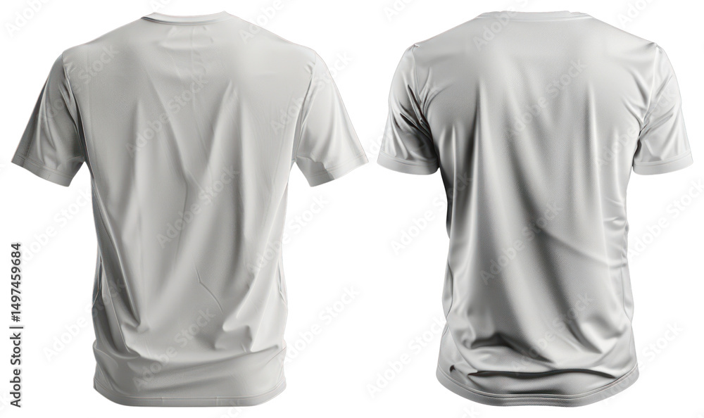 Poster png front and back view of plain white t-shirts on display element set on transparent background.