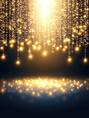 Golden lights cascade from above, creating a sparkling, festive atmosphere with glowing bokeh and a radiant, illuminated stage.