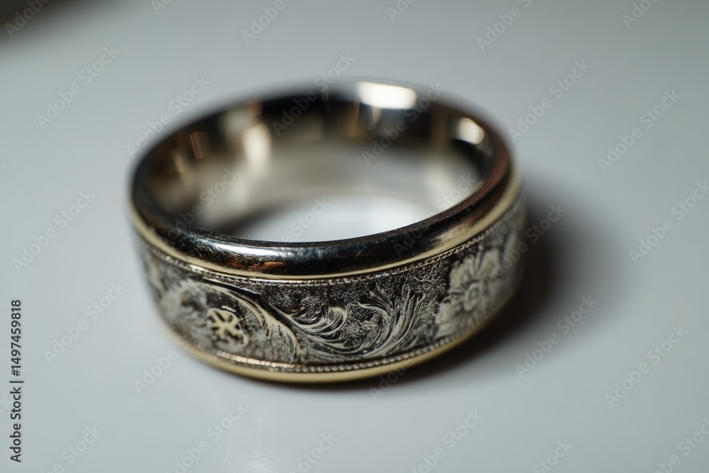 Poster decorative silver ring with intricate engravings displayed on a smooth surface