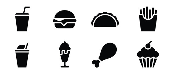 Fast Food Icons Set Black Glyph Style