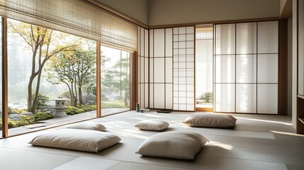 modern living room with window Japanese Minimalist Room with Clean Lines and Serene Ambiance