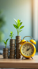yellow alarm clock sits atop a stack of coins and growing plants on a wooden surface.