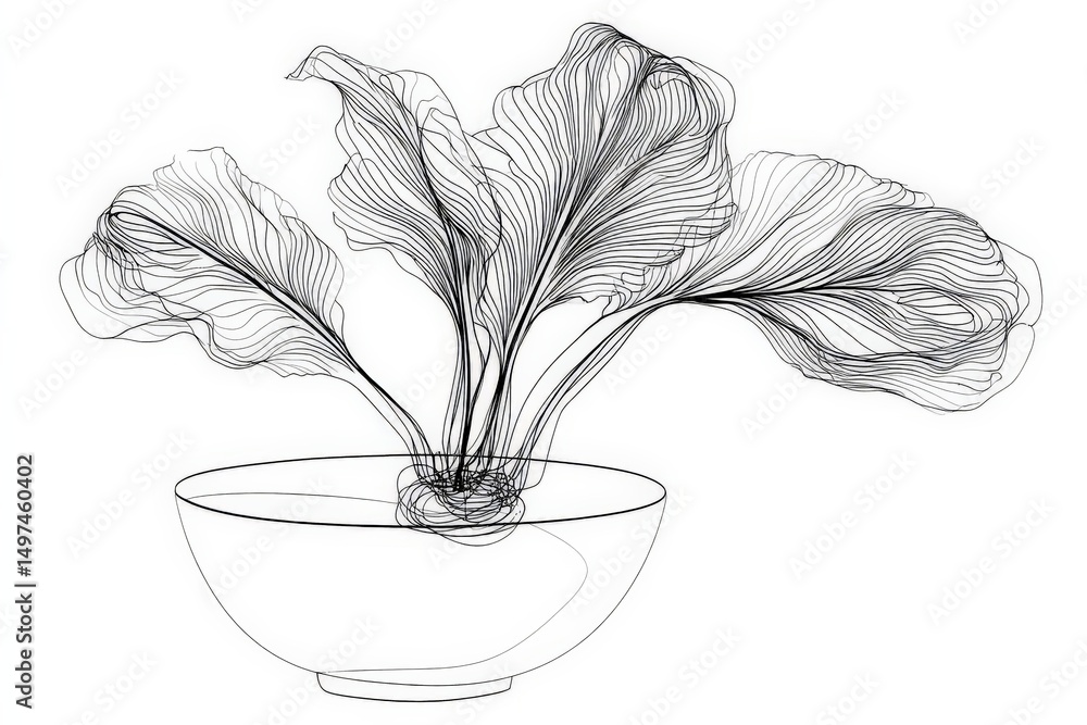 Poster Artistic line drawing of a plant with unique leaves in a minimalist bowl on a white background