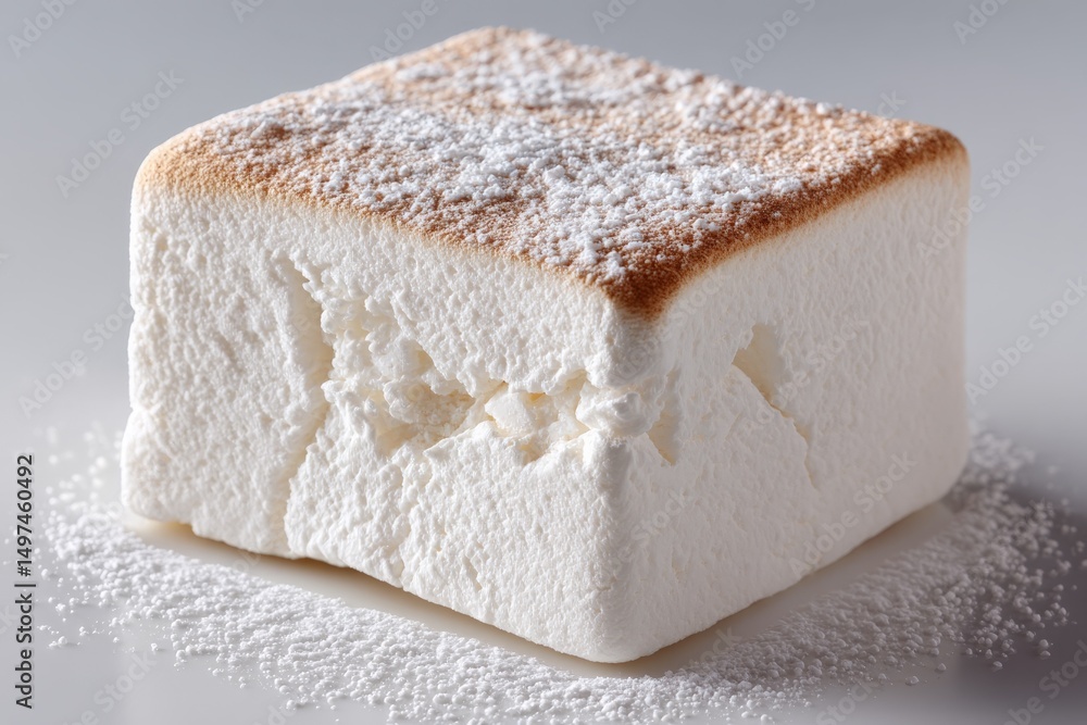 Poster marshmallow cube dusted with powdered sugar on a light background in a cozy kitchen setting