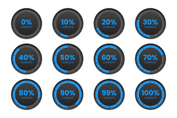 Blue Circular Progress Bar Set – UI Loaders from 0% to 100%