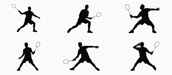Six Badminton Player Silhouettes in Action Poses