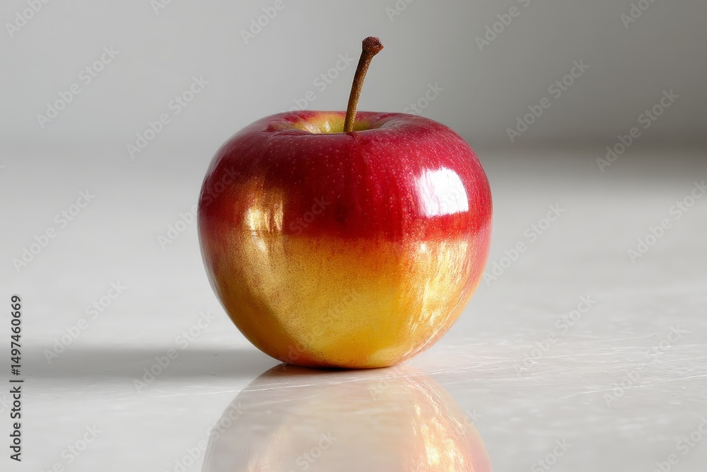 Aufkleber Bright red and golden apple resting on a reflective surface in a soft-lit environment