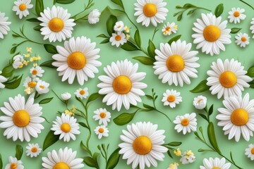 Fototapeta premium White and yellow daisies with green leaves are scattered on a pastel green background, creating a fresh and cheerful floral pattern.