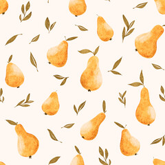 Vibrant yellow pear pattern  and green leaves on a light background showcasing nature's beauty in design