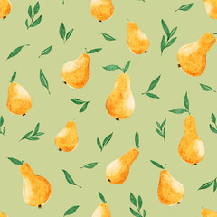 Pattern of yellow pears surrounded by green leaves on a pastel background