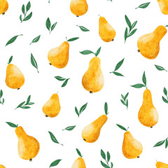 Obraz premium Bright yellow pears and green leaves create a cheerful pattern on a white background for creative inspiration and design projects