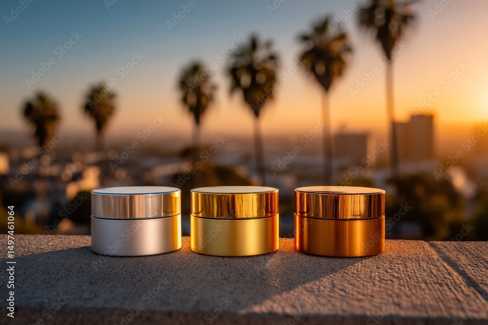 Poster beautiful sunset over palm trees with three luxurious jars displayed in the foreground