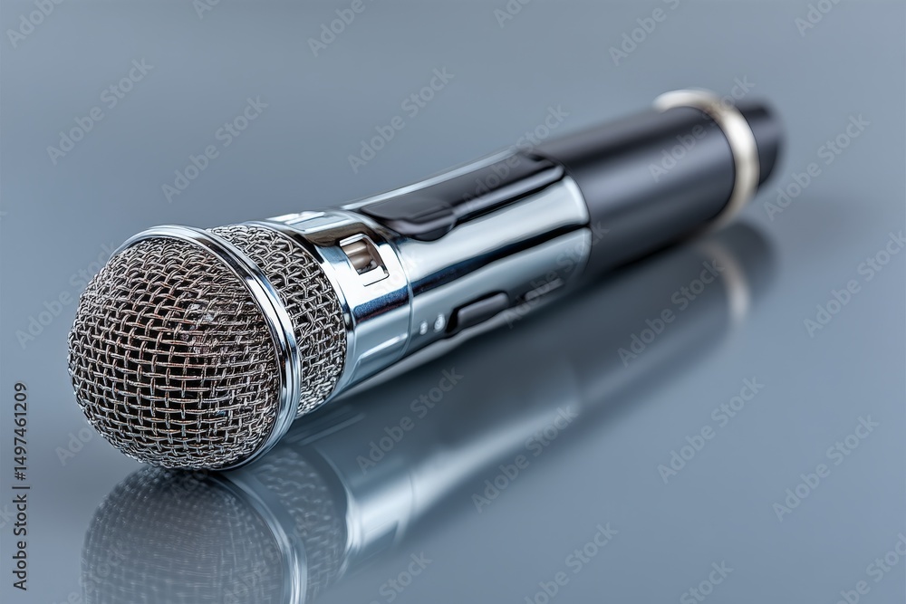 Fototapete close-up of a professional microphone resting on a reflective surface showcasing its intricate desig