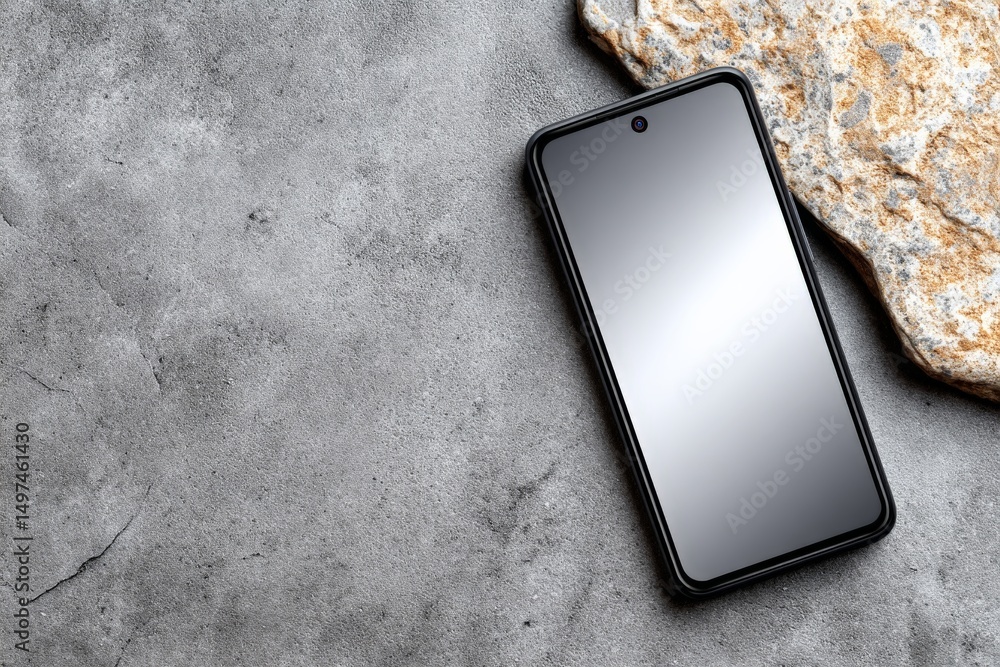 Poster smartphone rests on a textured stone surface with a sleek design and reflective screen showcasing mo