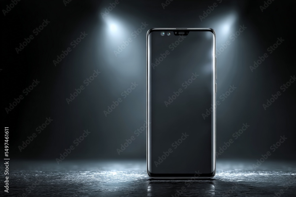 Poster sleek smartphone illuminated by dramatic lighting in a dark setting, showcasing modern design and te
