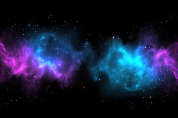 Vibrant purple and blue nebula clouds with bright stars on a black space background.