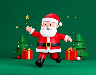 3D rendered cute Santa running towards Christmas gifts. Perfect for holiday cards and websites.