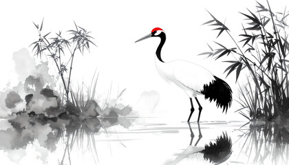 Fototapeta premium Red-crowned Crane Standing in Water, Sumi-e Style