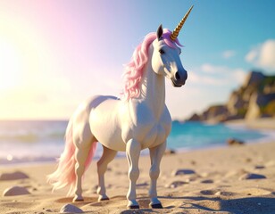 Magical unicorn with pink mane and tail on a beautiful beach at sunset.