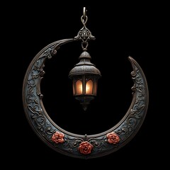 Ornate crescent moon lamp fixture,  featuring a hanging lantern. Detailed carvings and embossed designs adorn the moon shape.  Intricate detailing with reddish-orange accents