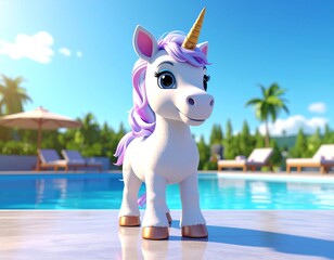 Adorable 3D render of a unicorn enjoying a sunny day by the pool. Perfect for summer themes.