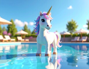 Adorable 3D render of a unicorn enjoying a sunny day by the pool. Perfect for summer themes.