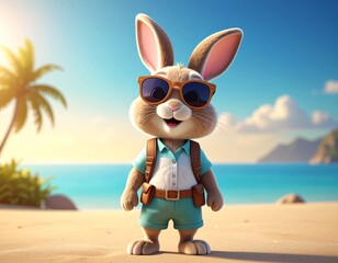 Adorable 3D render of a bunny wearing sunglasses and a backpack, enjoying a tropical beach vacation.