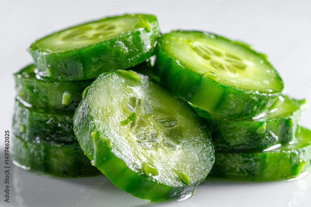 Poster chopped fresh cucumber slices stacked on a white plate showcasing vibrant green color and refreshing