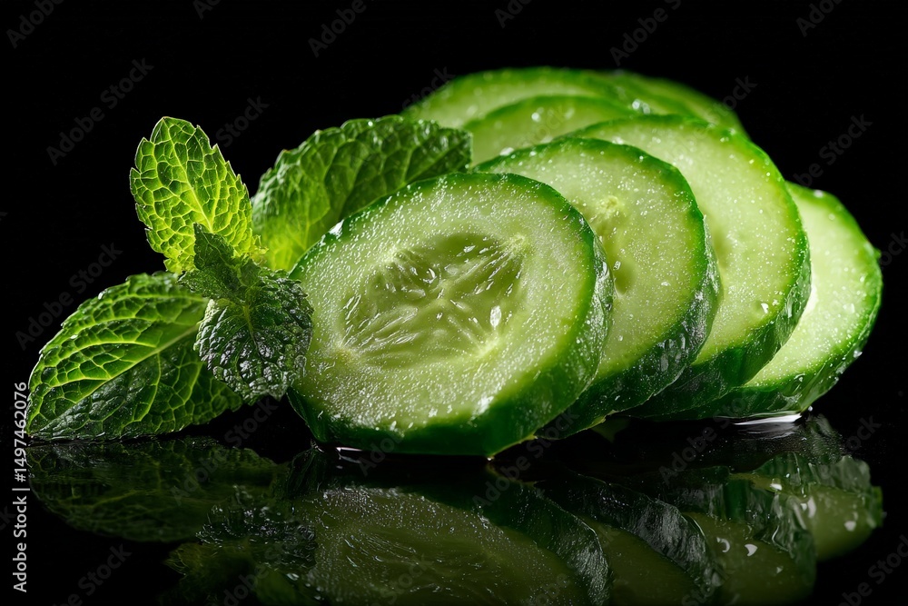 Aufkleber fresh cucumber slices with mint leaves on a reflective surface