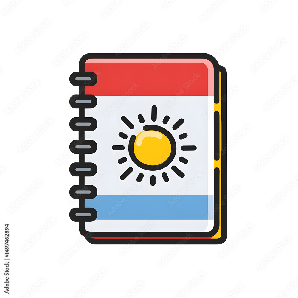 Poster vibrant minimalist icon depicting a colorful spiral bound planner or notebook with a sun graphic in 