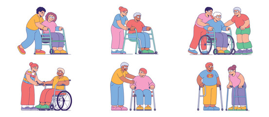Diverse Group of Caregivers Assisting Seniors with Mobility