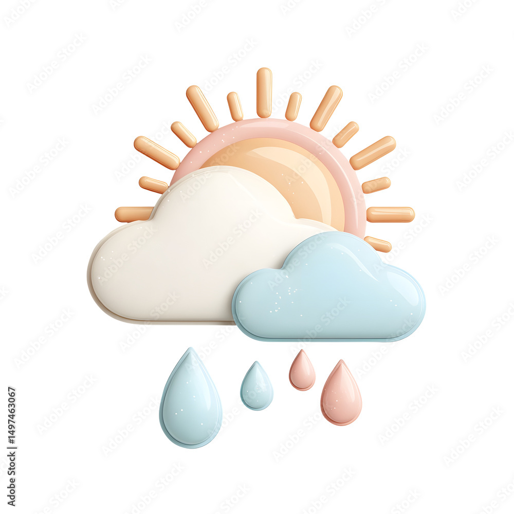 Fototapete cute pastel colored 3d weather icon displaying a cloudy sky with rain and the sun peeking out behind
