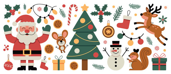 Cute Christmas Characters and Festive Elements Illustration