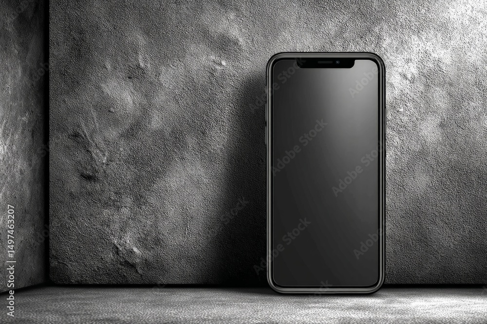 Aufkleber Modern smartphone rests against textured gray wall in a minimalist setting with soft shadows