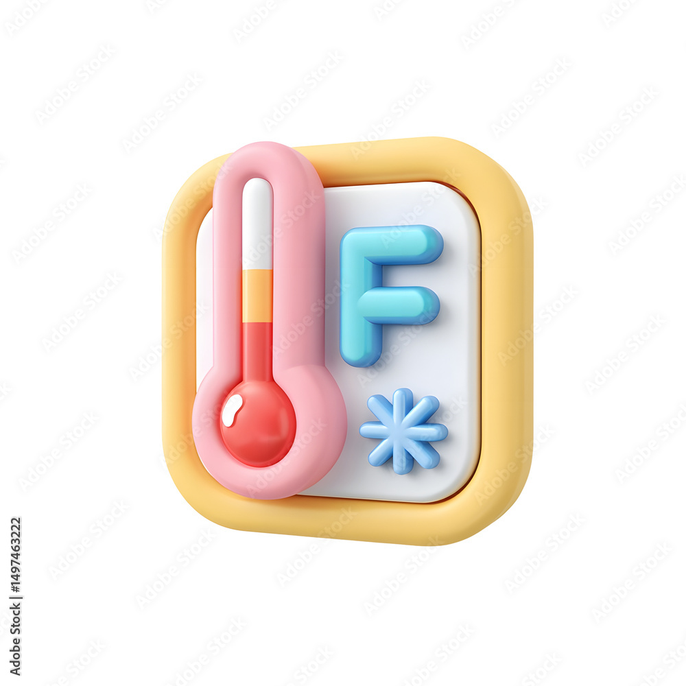 Poster Bright and colorful 3D icon depicting a cartoon inspired temperature indicator with Fahrenheit scale markings presented against a simple white background