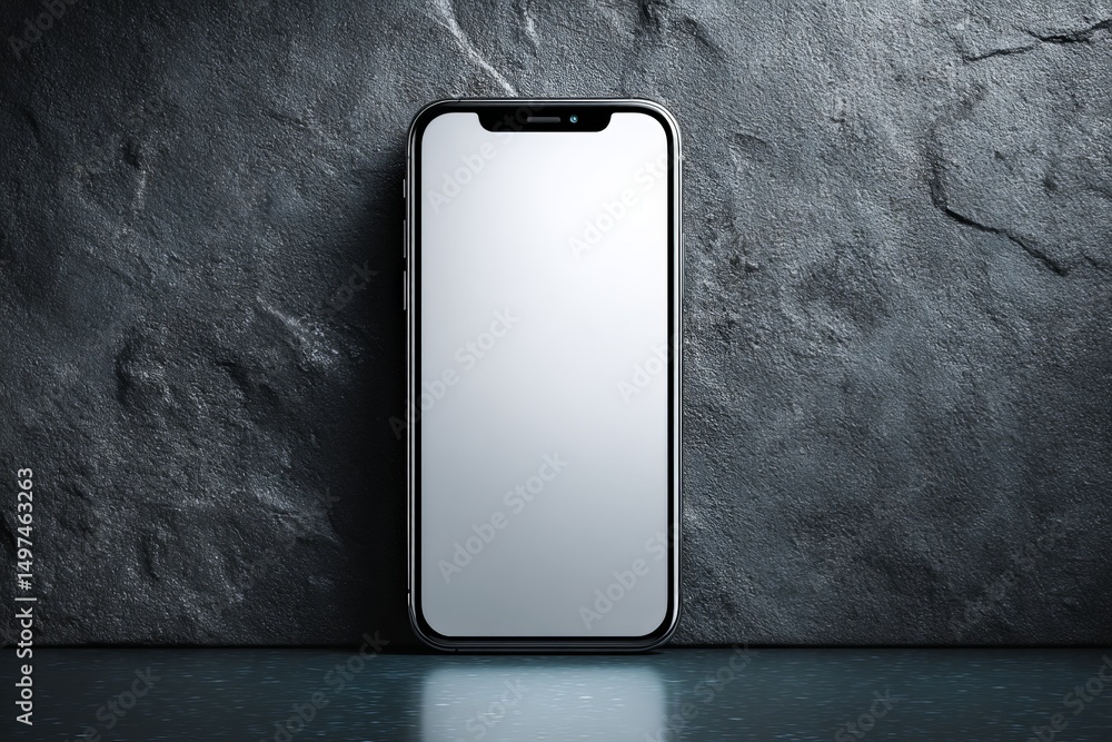 Poster Smartphone resting on textured stone surface, displaying empty screen in dimly lit environment with shadows