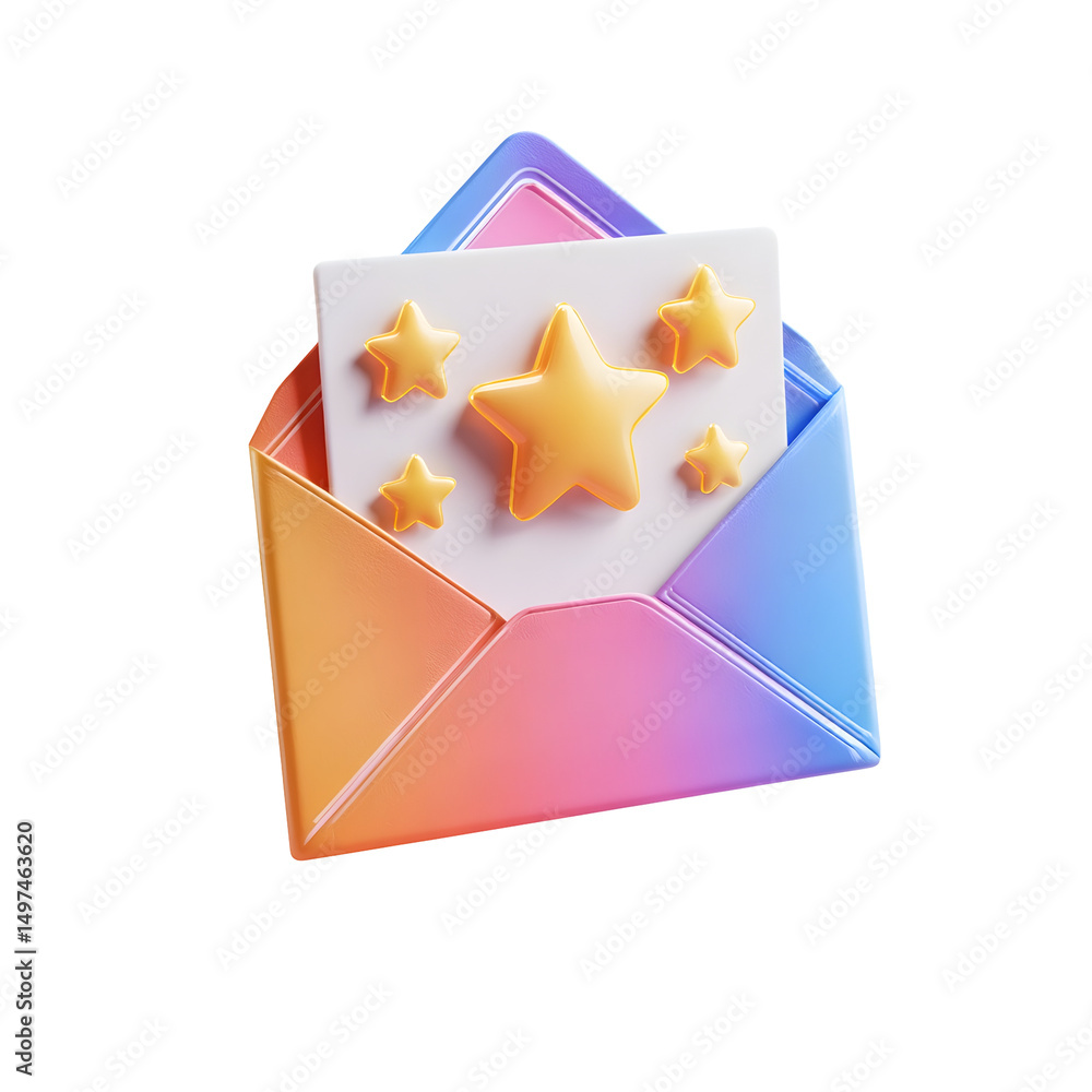Poster A visually striking 3D envelope in vibrant pastel colors with a review sheet peeking out and glowing stars on top suggesting a sense of positive feedback or recognition