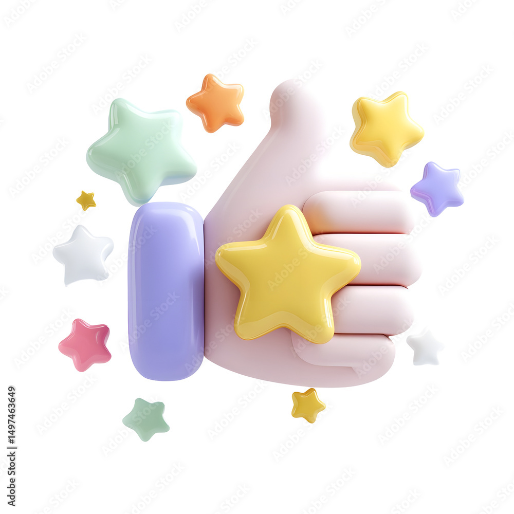 Aufkleber playful 3d thumbs up gesture in soft pastel colors surrounded by floating star shaped rating symbols