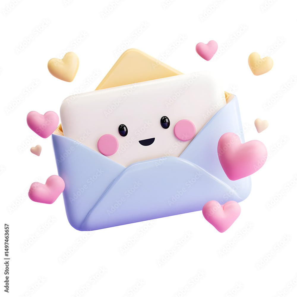 Aufkleber cheerful 3d pastel envelope icon with a smiling face floating amidst a shower of pink and yellow hea